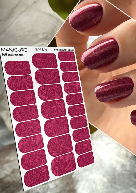 Manicure Burgundy Leaves. Colored Foil. Nail wraps WM-549