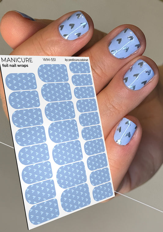 Manicure Blue Hearts. Colored Foil. Nail wraps WM-551