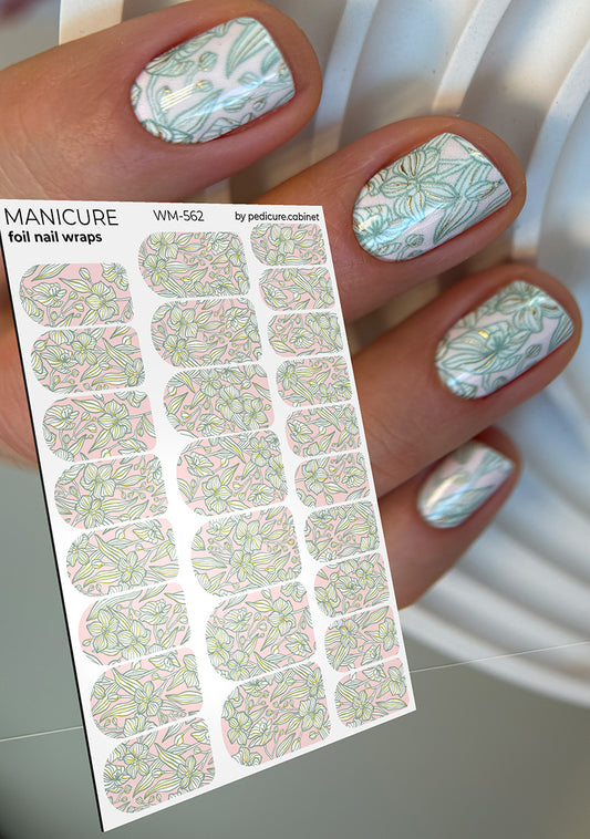 Manicure Green Flowers. Gold Foil. Nail wraps WM-562