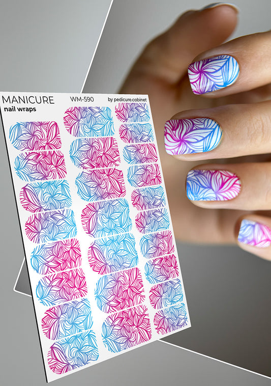 Manicure Leaves. Pink and Blue Gradient. Nail wraps WM-590