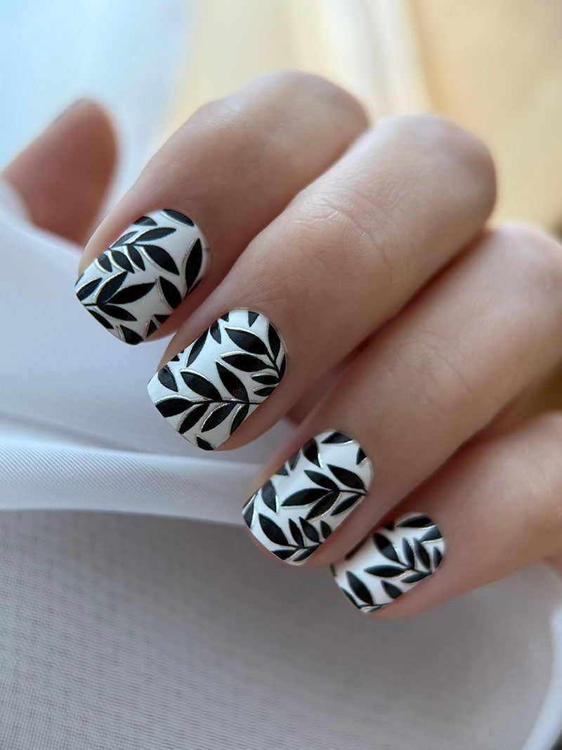 Manicure Black Twigs with Shadow. Silver Foil. Nail wraps WM-592