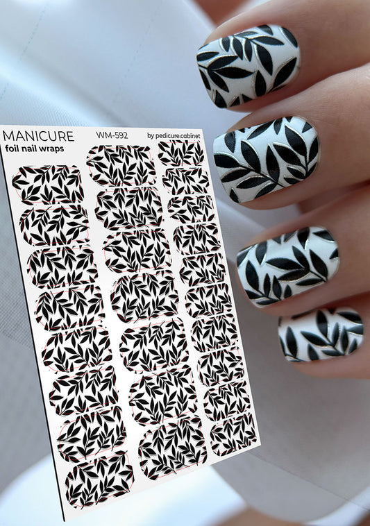 Manicure Black Twigs with Shadow. Silver Foil. Nail wraps WM-592