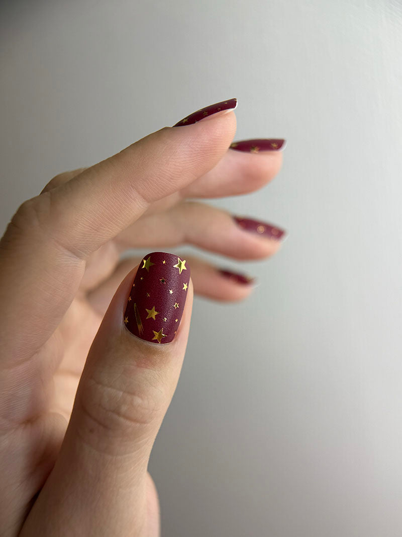 Manicure Stars. Burgundy Background. Gold Foil. Nail wraps WM-595