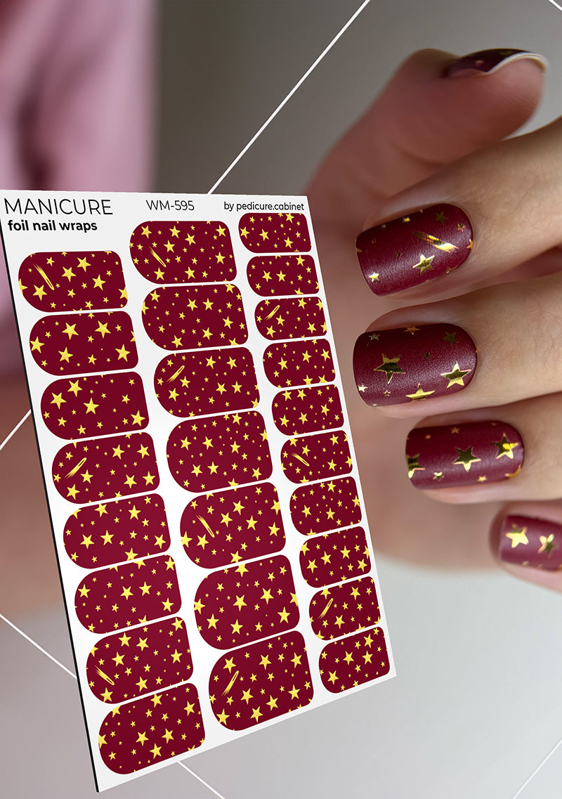 Manicure Stars. Burgundy Background. Gold Foil. Nail wraps WM-595