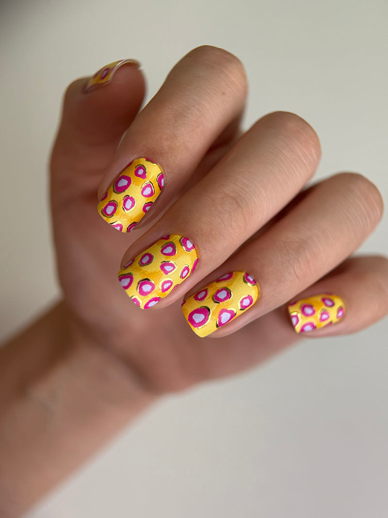 Manicure Lilac Spots. Yellow Background. Gold Foil. Nail wraps WM-596