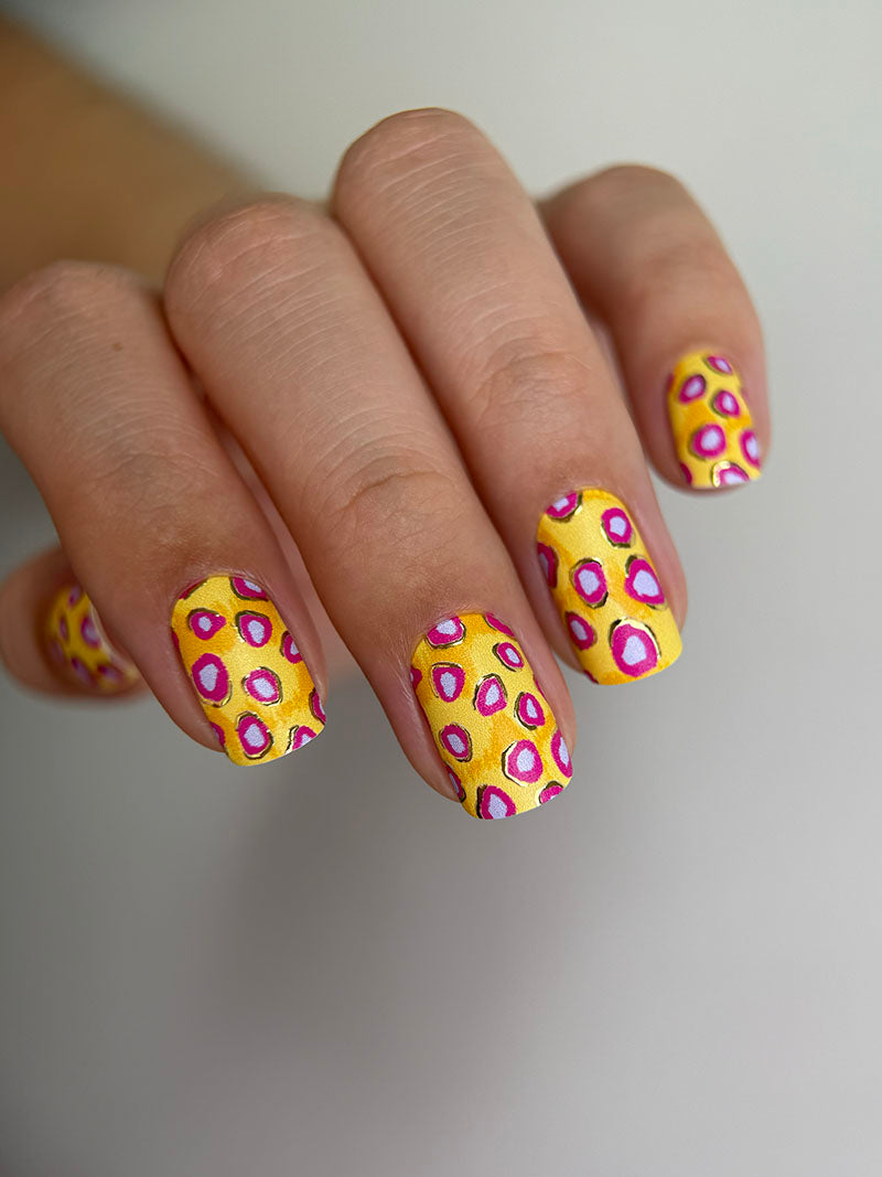 Manicure Lilac Spots. Yellow Background. Gold Foil. Nail wraps WM-596