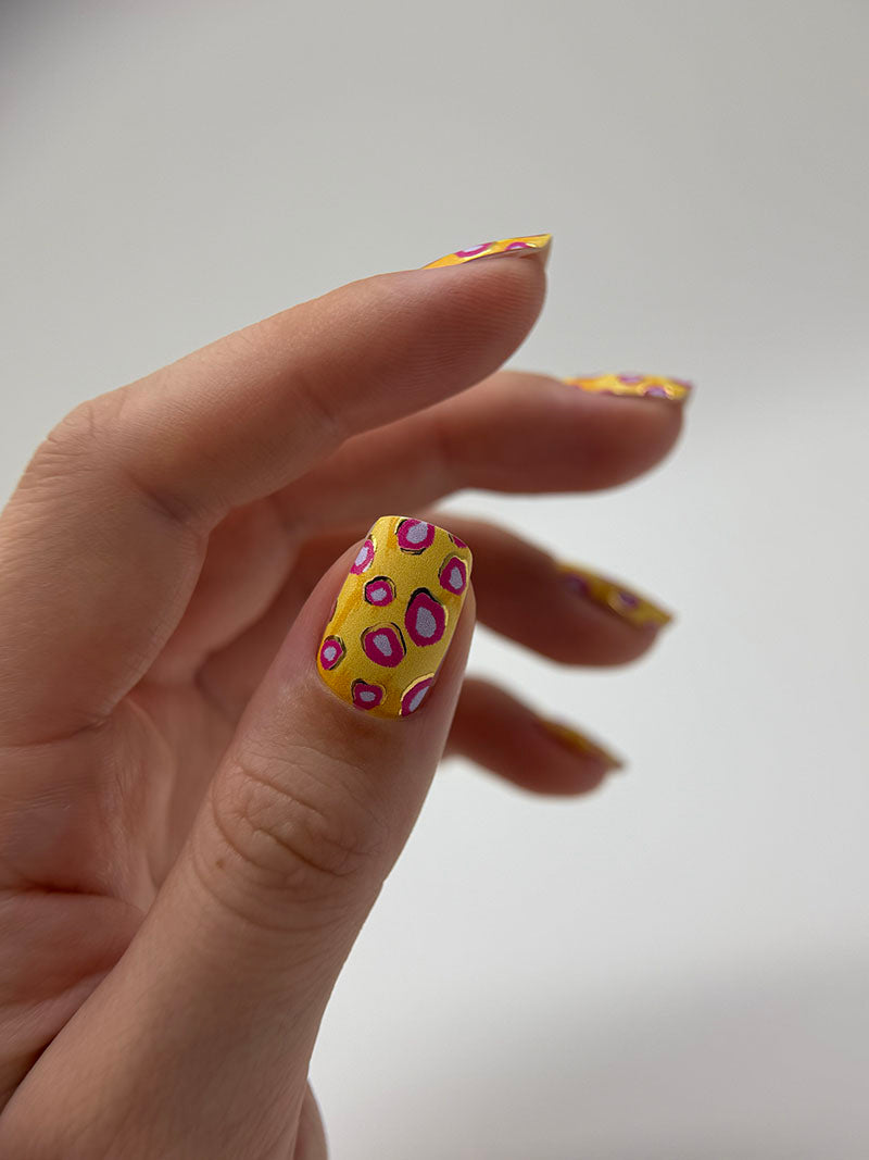 Manicure Lilac Spots. Yellow Background. Gold Foil. Nail wraps WM-596