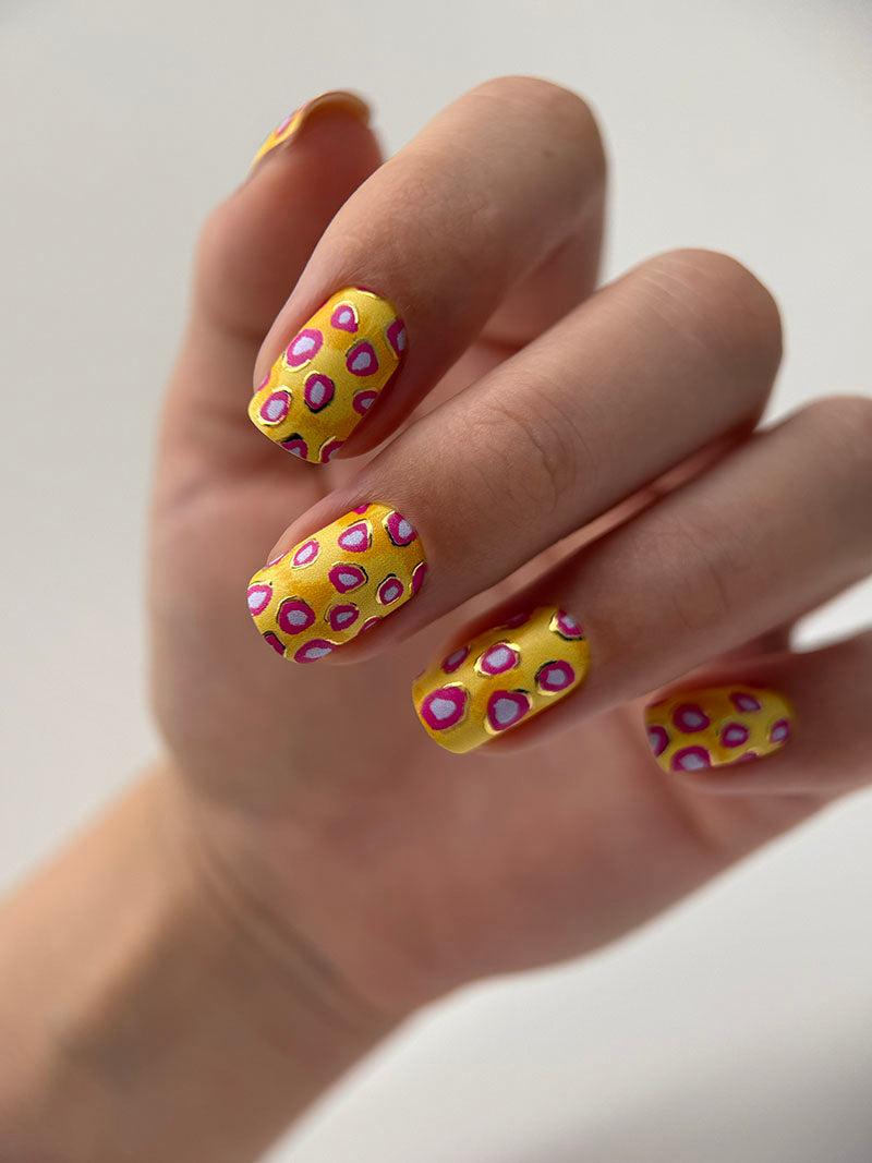 Manicure Lilac Spots. Yellow Background. Gold Foil. Nail wraps WM-596
