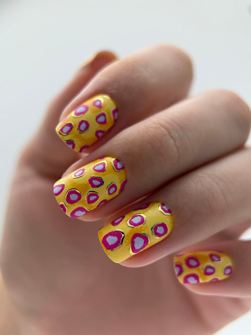Manicure Lilac Spots. Yellow Background. Gold Foil. Nail wraps WM-596