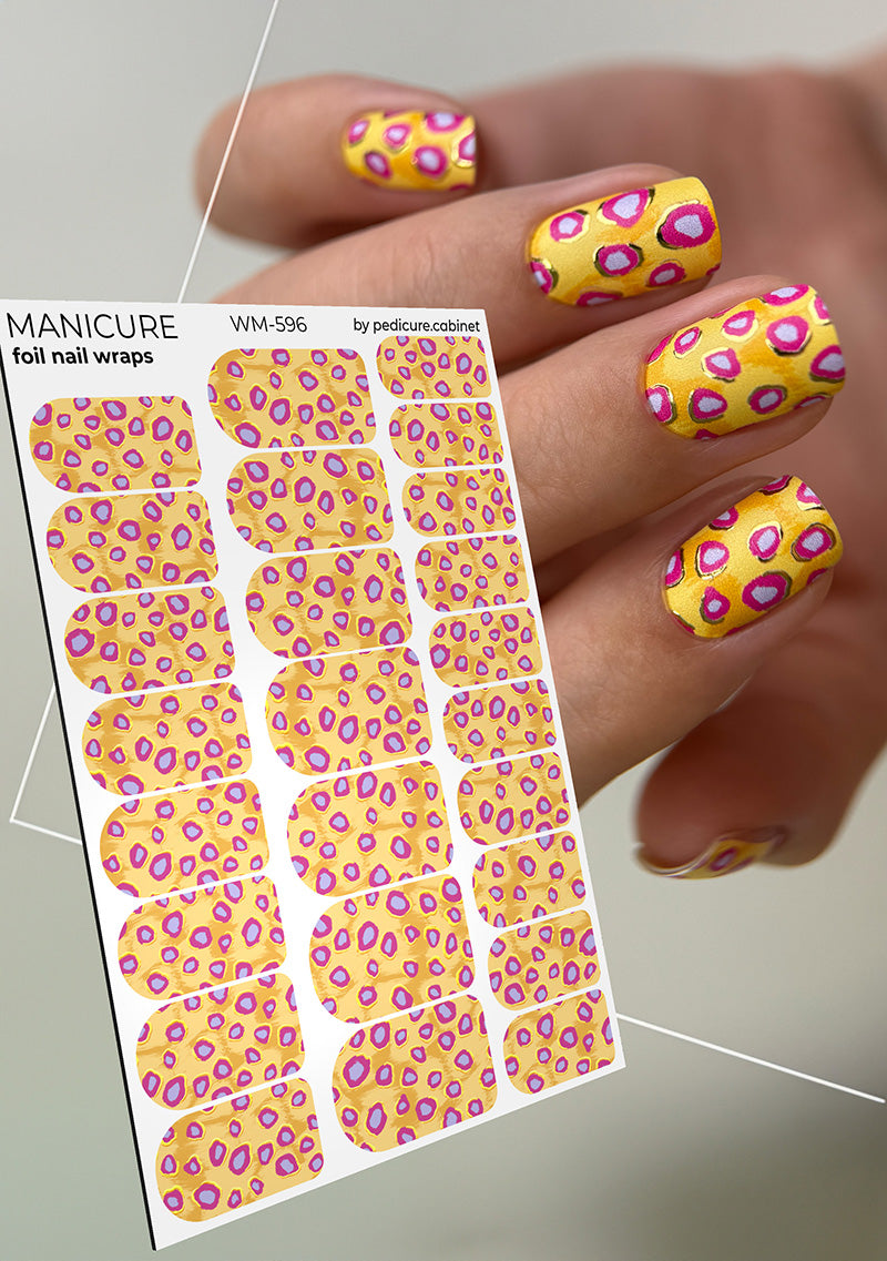 Manicure Lilac Spots. Yellow Background. Gold Foil. Nail wraps WM-596
