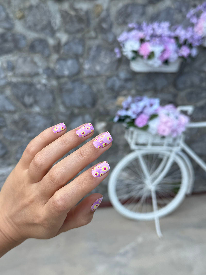 Manicure Yellow Spots. Pink Background. Gold Foil. Nail wraps WM-597