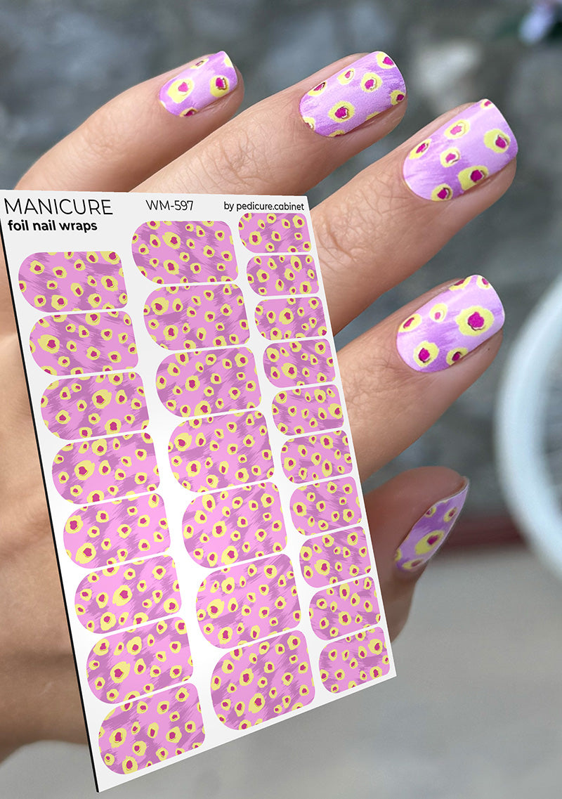 Manicure Yellow Spots. Pink Background. Gold Foil. Nail wraps WM-597