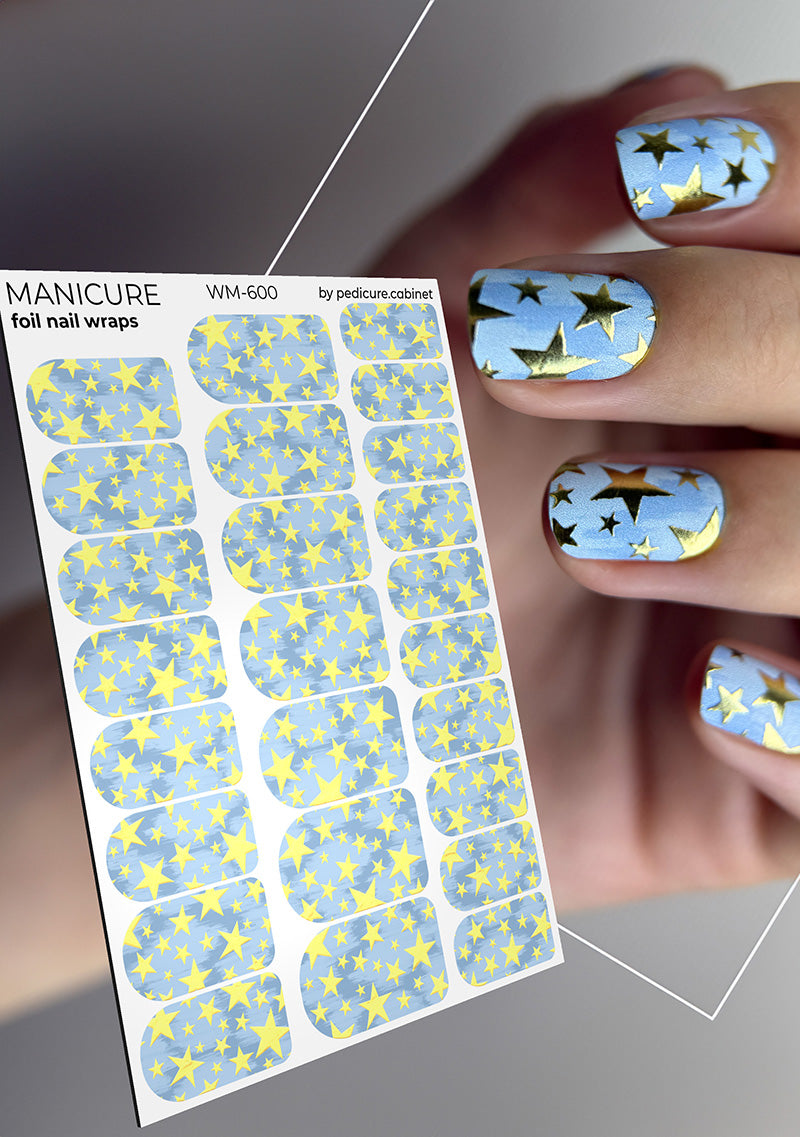 Manicure Stars. Blue Background. Gold Foil. Nail wraps WM-600