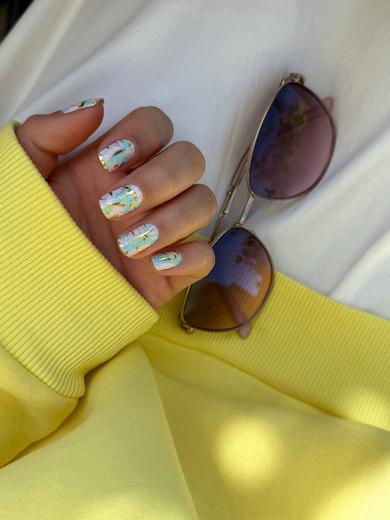 Manicure Strokes: Pink, Blue, Green. Foil gold. Nail wrap WM-615