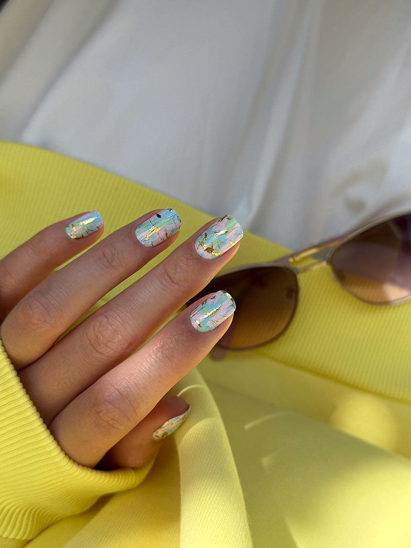 Manicure Strokes: Pink, Blue, Green. Foil gold. Nail wrap WM-615