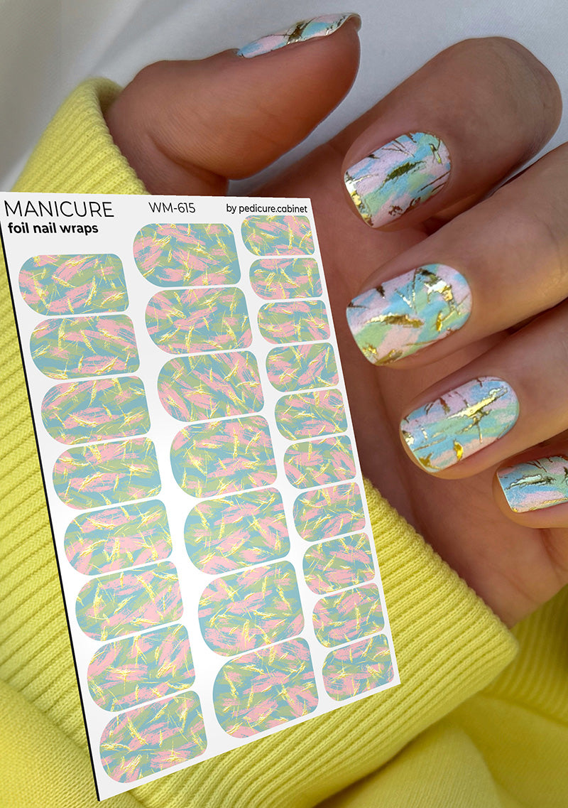 Manicure Strokes: Pink, Blue, Green. Foil gold. Nail wrap WM-615