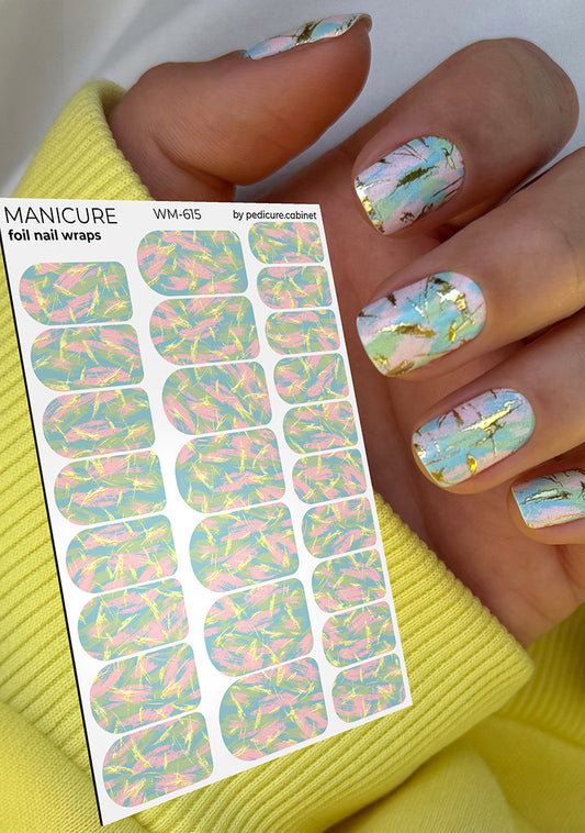 Manicure Strokes: Pink, Blue, Green. Foil gold. Nail wrap WM-615