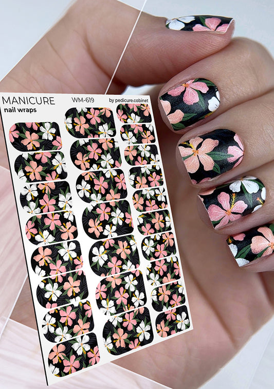 Manicure Flowers. Black Background. Nail wrap WM-619