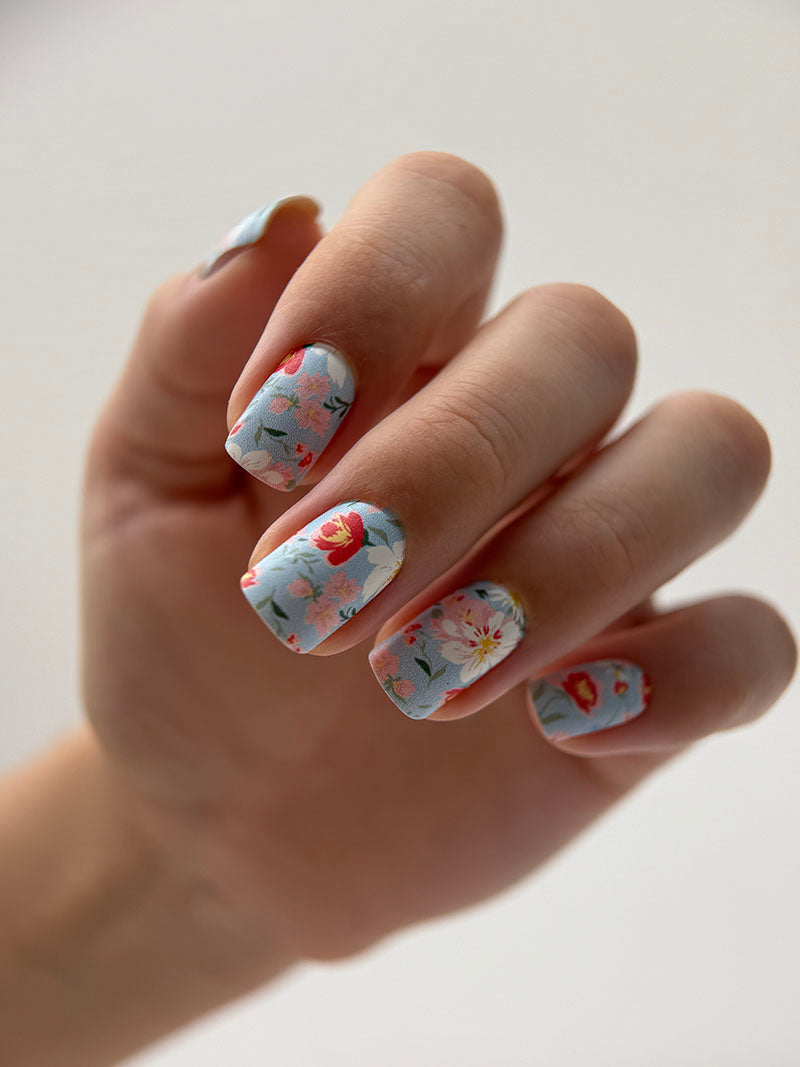 Manicure Small Flowers. Blue Background. Nail wrap WM-620