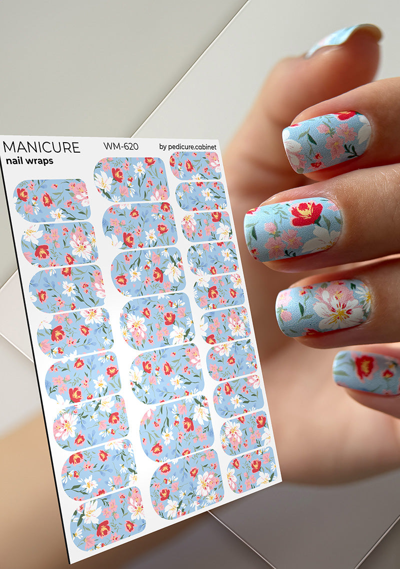 Manicure Small Flowers. Blue Background. Nail wrap WM-620