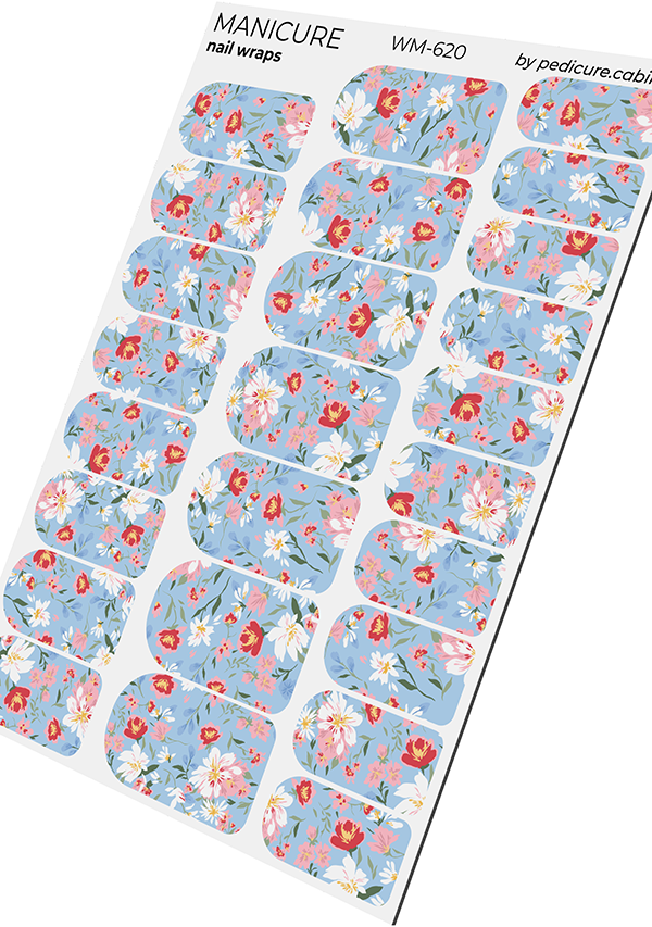 Manicure Small Flowers. Blue Background. Nail wrap WM-620