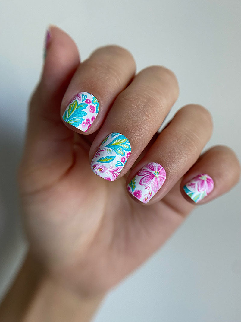 Manicure Pink Flowers. White Background. Nail wrap WM-714