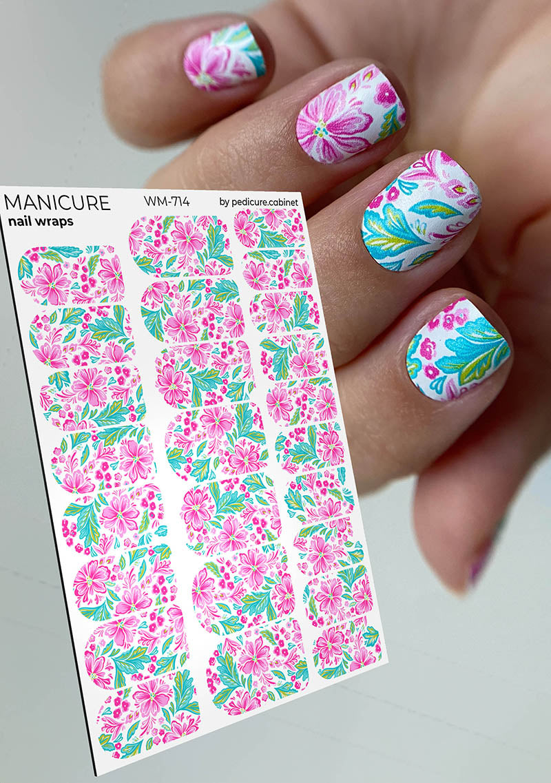 Manicure Pink Flowers. White Background. Nail wrap WM-714