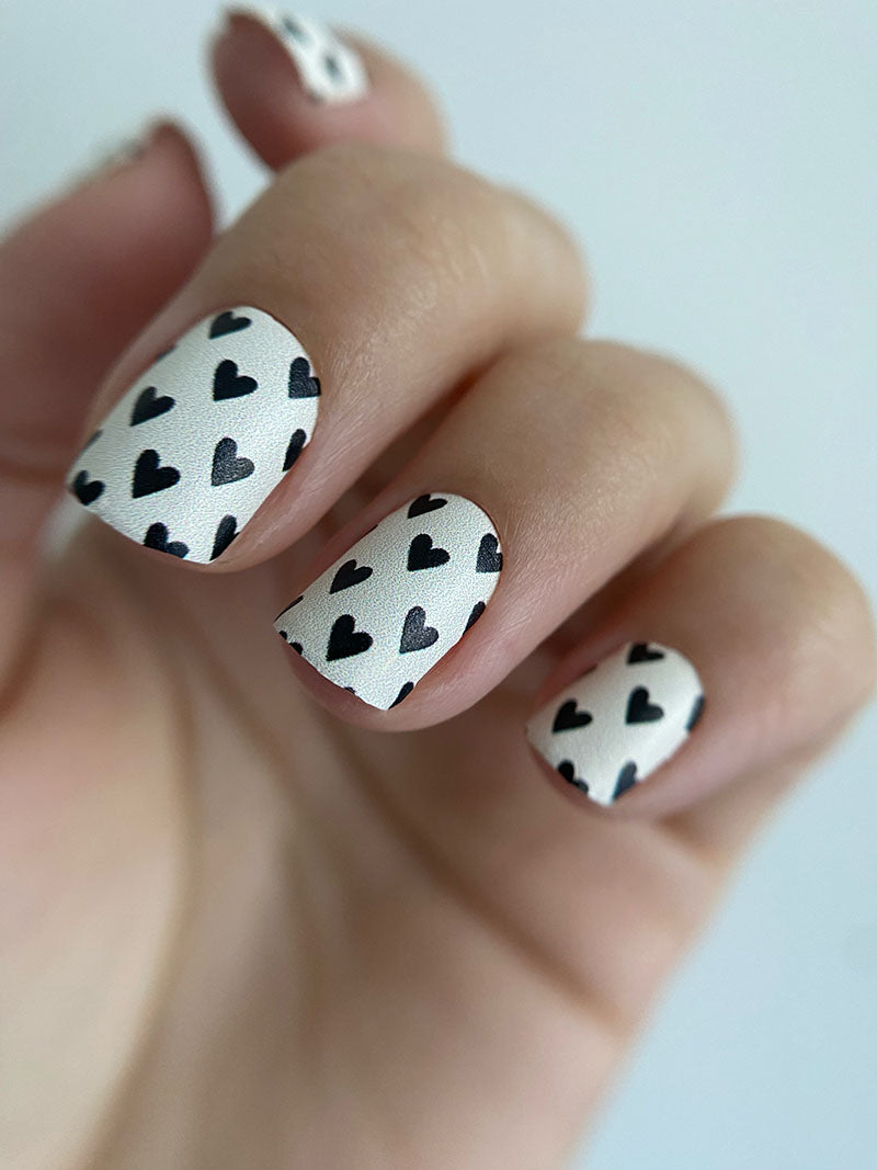 Manicure Black Hearts. Milky Background. Nail wrap WM-722