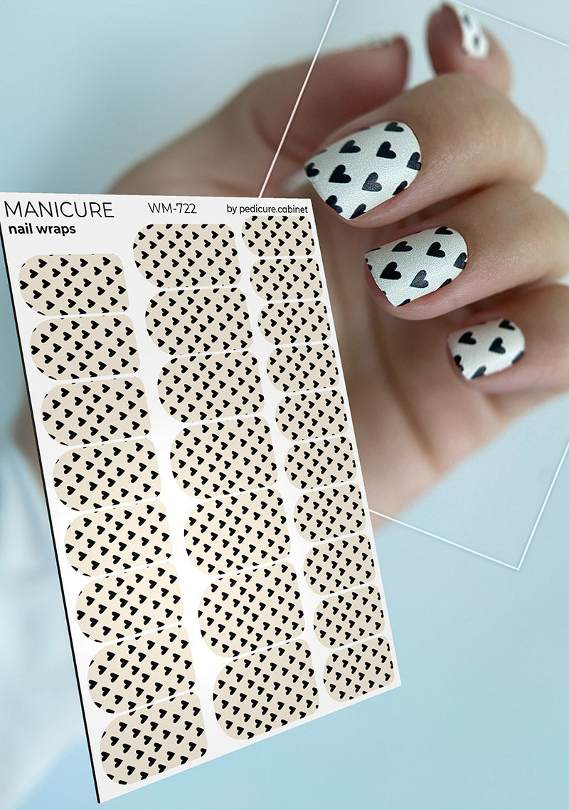 Manicure Black Hearts. Milky Background. Nail wrap WM-722