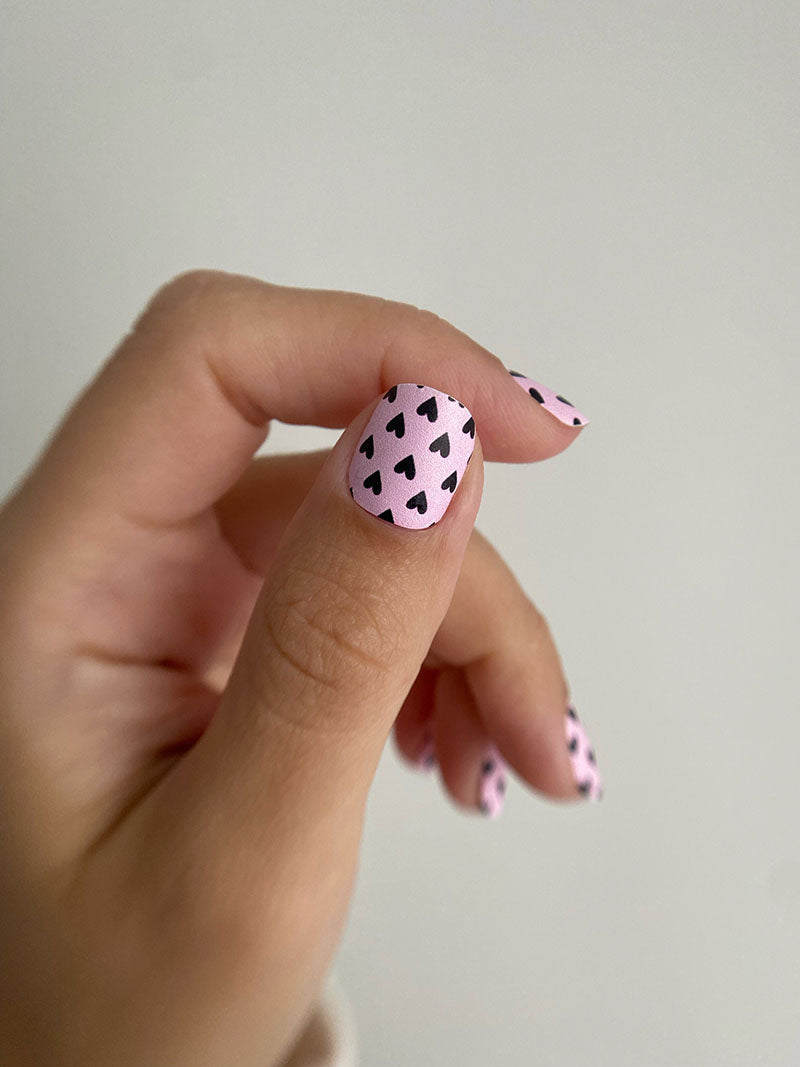 Manicure Black Hearts. Pink Background. Nail wrap WM-723