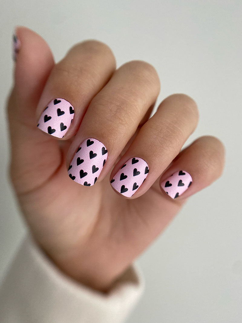 Manicure Black Hearts. Pink Background. Nail wrap WM-723