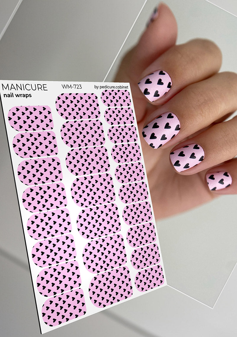 Manicure Black Hearts. Pink Background. Nail wrap WM-723