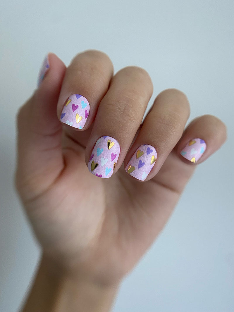 Manicure Hearts. Pink Background. Gold Foil. Nail wrap WM-733