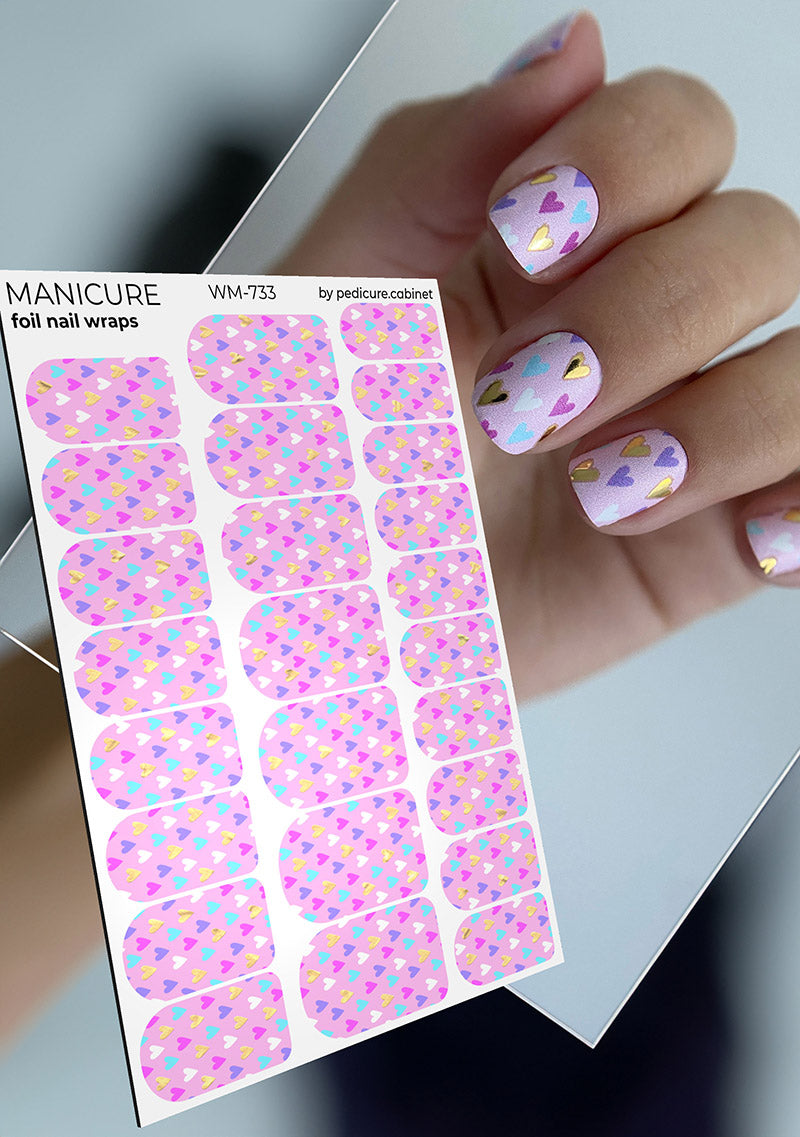 Manicure Hearts. Pink Background. Gold Foil. Nail wrap WM-733