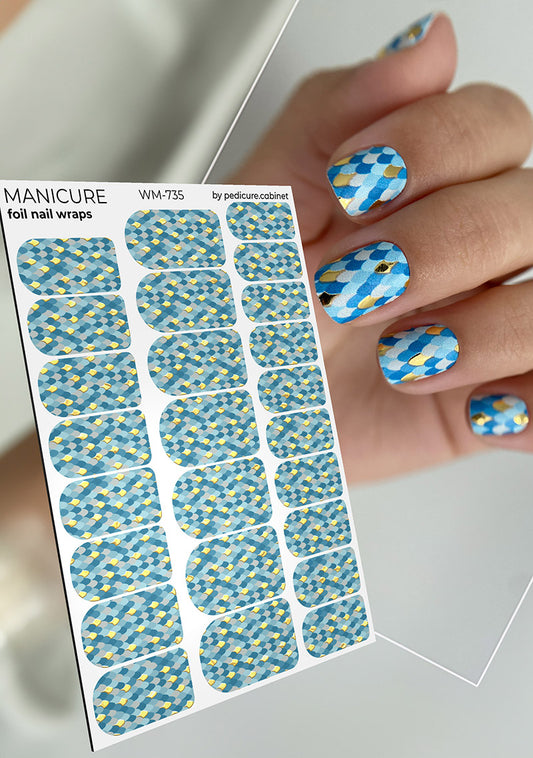 Manicure Blue Python. Gold Foil. Nail wrap WM-735