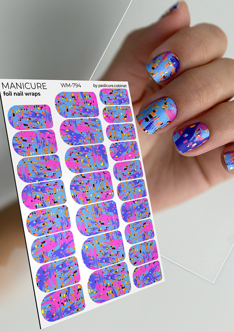 Manicure Abstraction. Purple pink and orange. Foil gold. Nail wrap WM-794