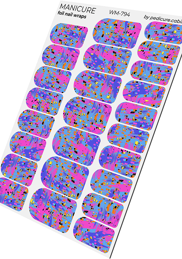 Manicure Abstraction. Purple pink and orange. Foil gold. Nail wrap WM-794