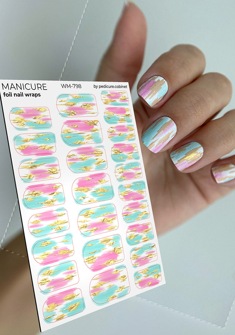 Manicure Strokes. White background. Foil gold. Nail wrap WM-798