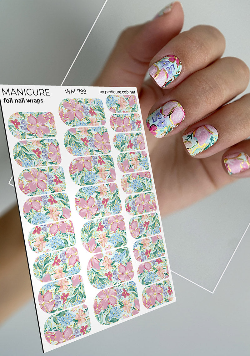 Manicure Flowers. Watercolor. Foil gold. Nail wrap WM-799