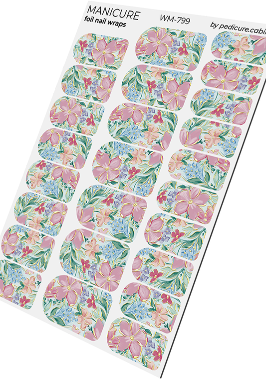 Manicure Flowers. Watercolor. Foil gold. Nail wrap WM-799