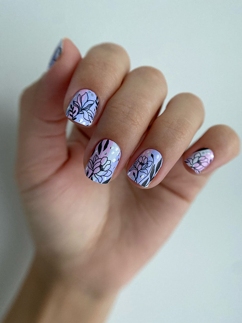 Manicure Black flowers. Pink lilac. Foil silver. Nail wrap WM-802