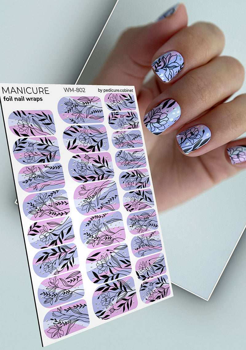 Manicure Black flowers. Pink lilac. Foil silver. Nail wrap WM-802