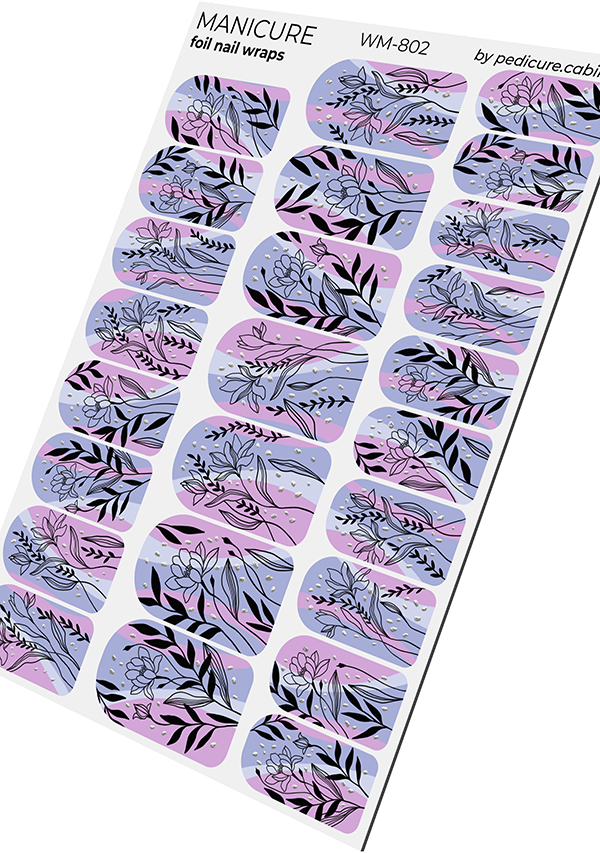 Manicure Black flowers. Pink lilac. Foil silver. Nail wrap WM-802