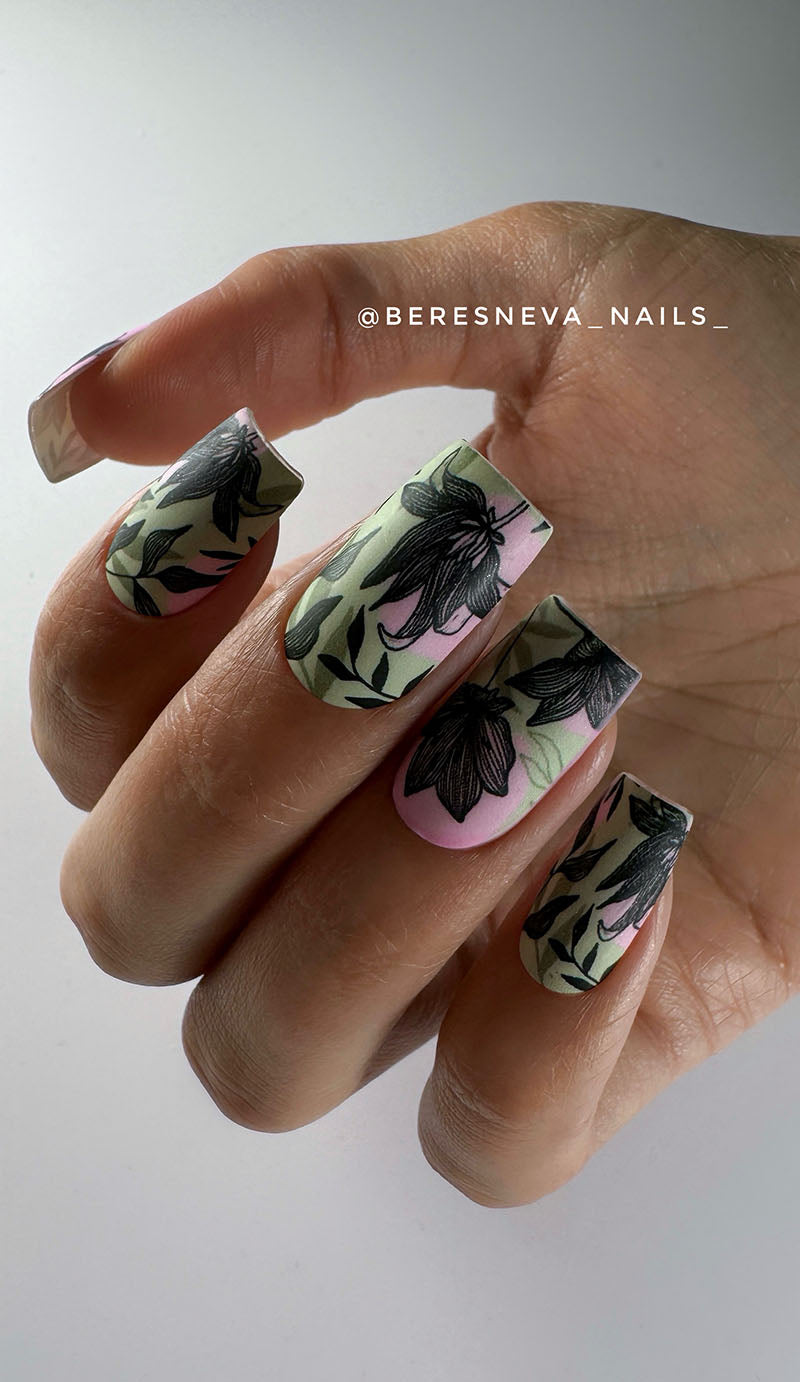 Manicure Black flowers. Khaki and pink background. Nail wrap WM-803