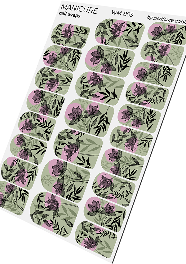 Manicure Black flowers. Khaki and pink background. Nail wrap WM-803