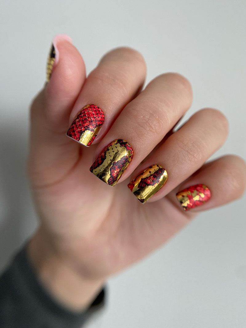 Manicure Python. Red. Foil gold. Nail wrap WM-885