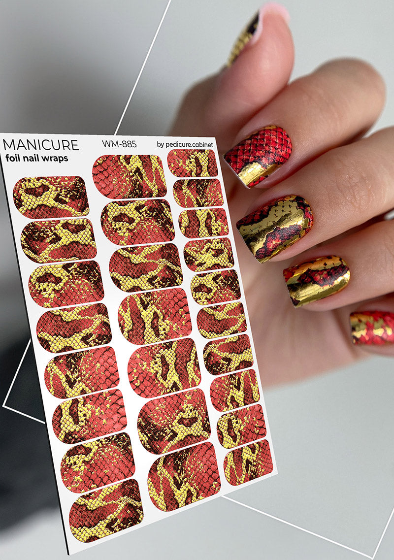 Manicure Python. Red. Foil gold. Nail wrap WM-885