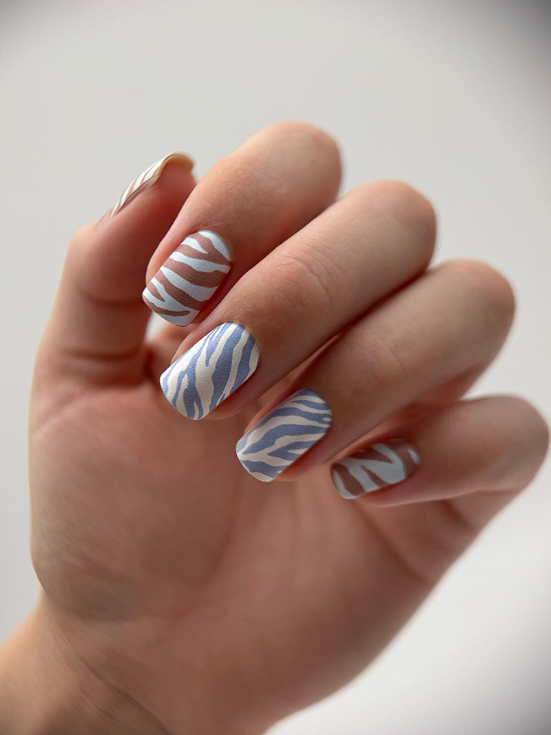 Manicure Mix animal. Blue brown Zebra. Nail wrap WM-934