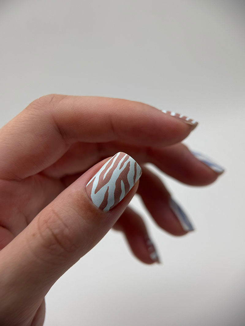 Manicure Mix animal. Blue brown Zebra. Nail wrap WM-934