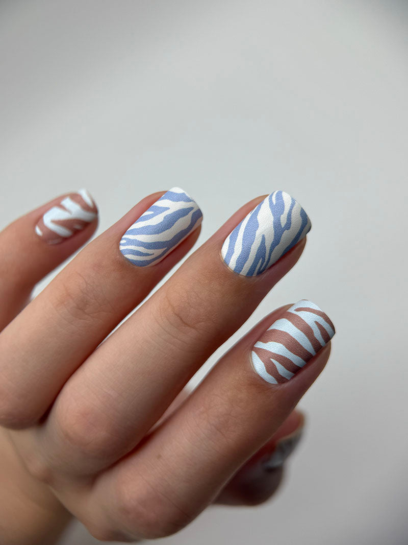 Manicure Mix animal. Blue brown Zebra. Nail wrap WM-934